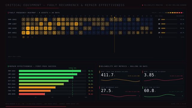 A critical equipment dashboard displaying recurring faults and repair effectiveness with heatmaps, charts, and stat cards in a dark engineering style.