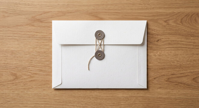 White envelope with string tie on wooden desk