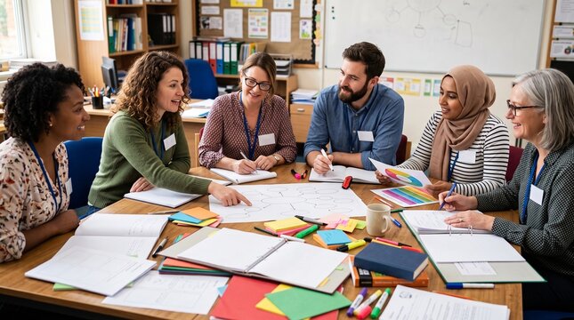 Diverse group of teachers collaborating around a table in a classroom setting