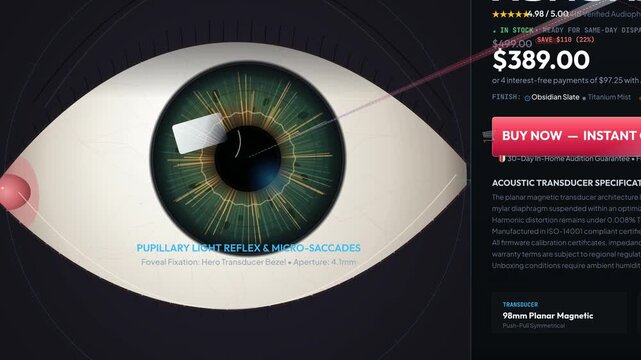 Abstract conceptual animation of eye tracking technology generating a heatmap on a website user interface, displaying ocular saccadic dynamics and cognitive filtering for user experience analysis