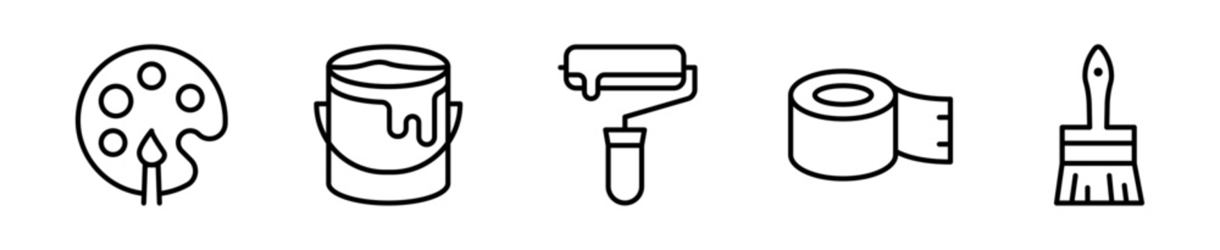 Set de 5 iconos de pintura. Paleta, bote de pintura, rodillo, cinta y brocha. Vector outline