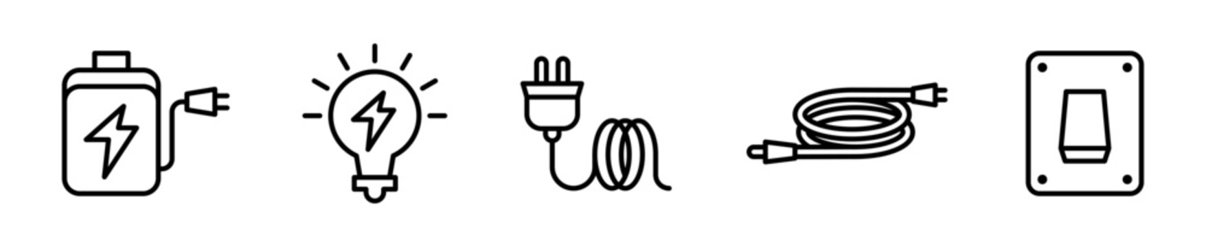 Set de 5 iconos de electricidad. Bater&iacute;a, bombillo, enchufe, cable y interruptor. Vector outline