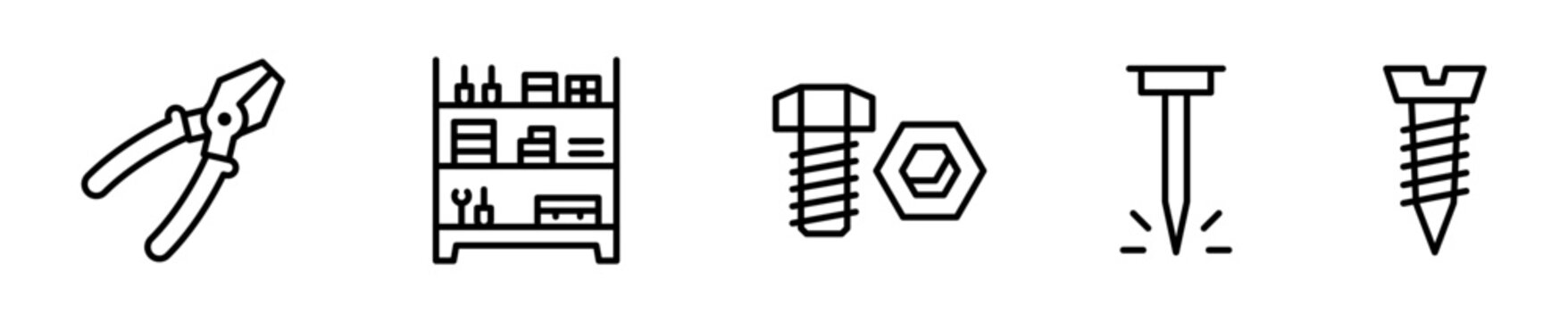 Set de 5 iconos de ferreter&iacute;a. Alicate, estante, perno con tuerca, clavo y tornillo. Vector outline