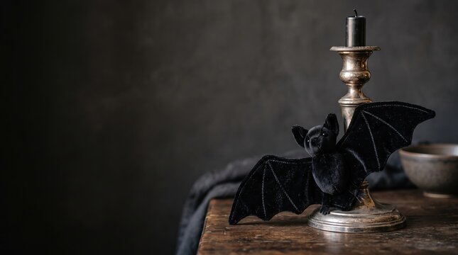 Velvet bat decoration on antique candlestick with black candle against dark textured wall for seasonal celebration