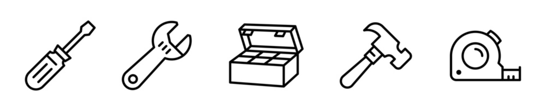 Set de 5 iconos de herramientas. Destornillador, llave inglesa, caja de herramientas, martillo y cinta m&eacute;trica. Vector outline