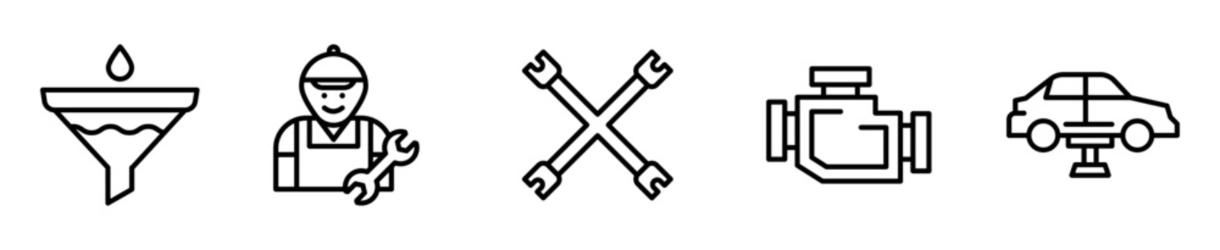 Set de 5 iconos de mec&aacute;nico. Embudo, mec&aacute;nico, llave de cruz, motor y auto en elevaci&oacute;n. Vector outline
