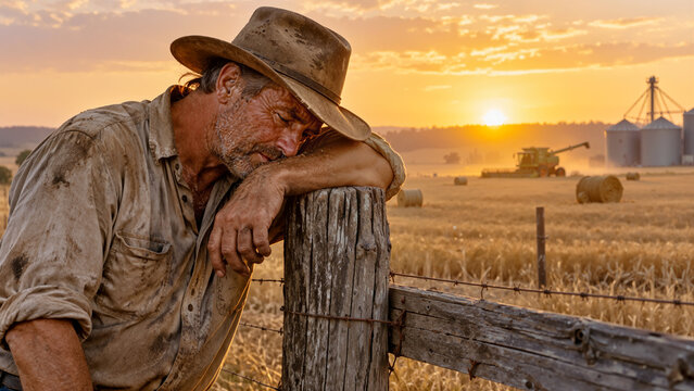 Tired Senior Farmer Leaning on Wooden Fence at Sunset During Golden Wheat Harvest