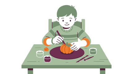 Fototapeta premium Cute little boy sitting at table and painting an orange pumpkin for halloween autumn craft activity vector illustration. EPS Editable. Vector Illustrations.