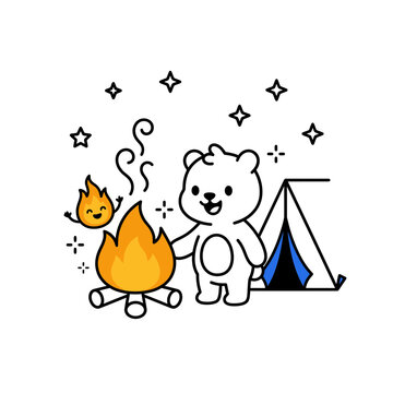 Cute Bear Mascot Camping by Campfire Vector Illustration