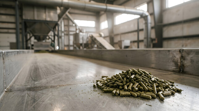 Alfalfa pellet production inside a modern agricultural processing plant with green feed pellets on a metal table