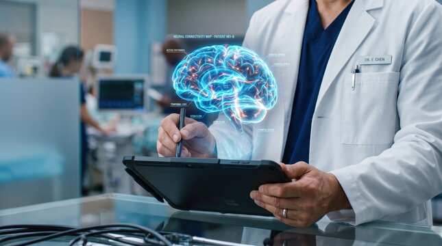 Doctor analyzing holographic brain scan with neural connectivity map in modern hospital, futuristic medical technology concept for neurology and digital healthcare