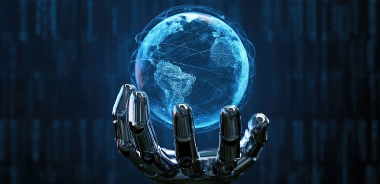 A robotic hand cradles a luminous, digital globe against a background of binary code