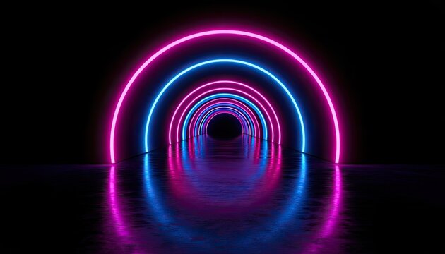 A futuristic tunnel with glowing blue and pink neon arches receding into darkness