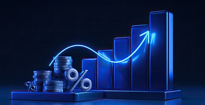 Shiny blue bar graph with stacked coins and neon arrow