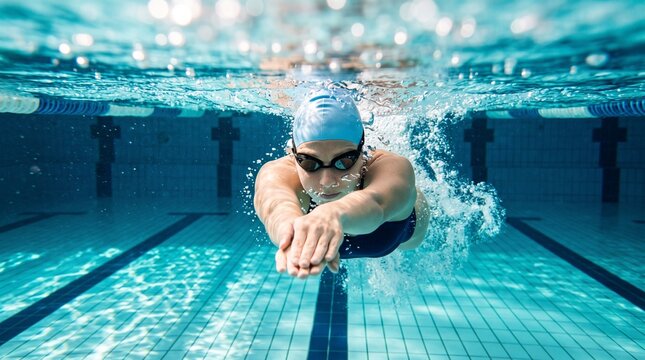 Female swimmer gliding underwater in a pool during sports training 