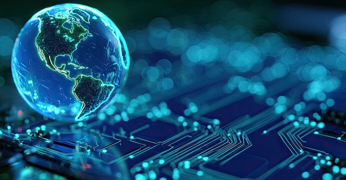 Glowing digital globe superimposed on an illuminated technological circuit board