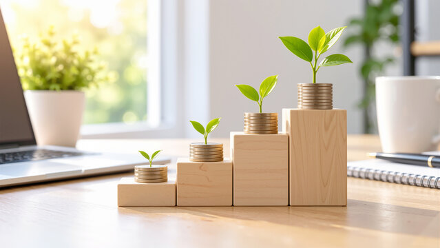 Financial Growth and Investment Concept: Stacks of Coins with Growing Green Plants on Wooden Blocks in Modern Office
