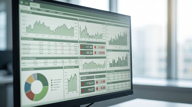 Financial data display on a computer screen with charts and statistics