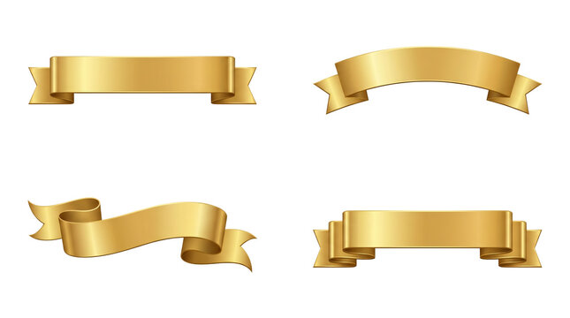 Golden ribbon banners set featuring metallic luxury curved shapes for festive elegant design on transparent background