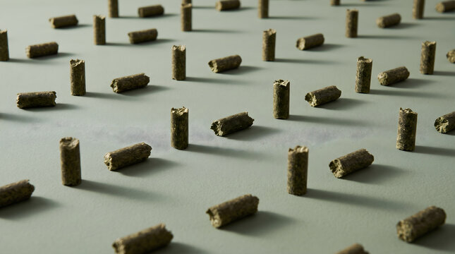 A neat arrangement of compressed alfalfa pellets scattered on a clean green surface for animal feed production