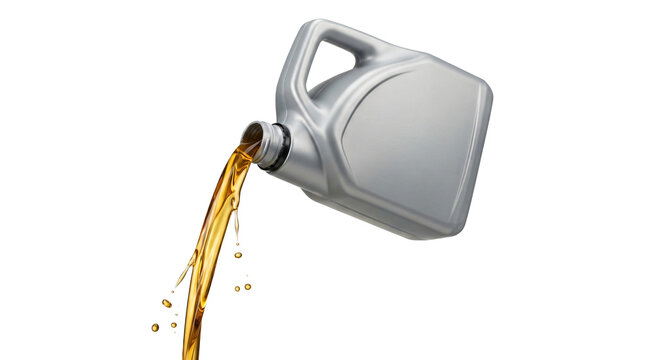 Motor oil pouring from a grey plastic canister for automotive maintenance and repair on transparent background