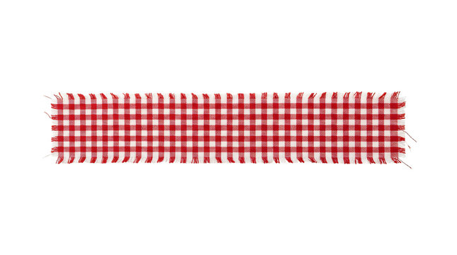 Red checkered fabric ribbon strip with frayed edges isolated in horizontal design on transparent background