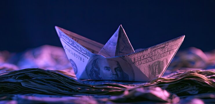 Paper money folded into a boat floats on a sea of banknotes