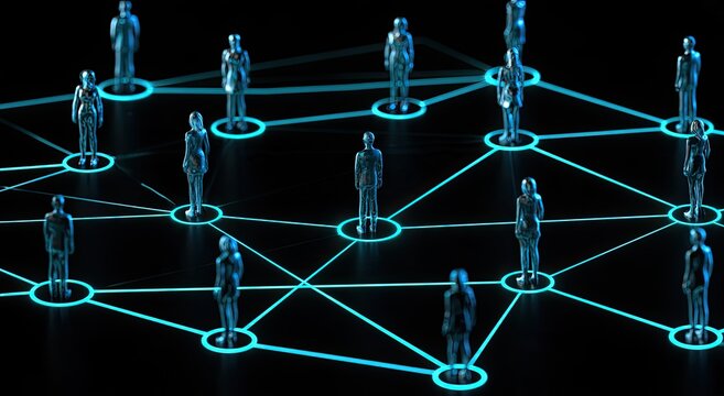 Metallic figures connected by glowing blue lines on a dark background