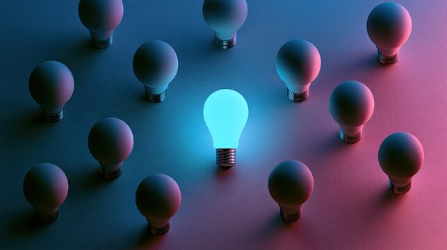A lone glowing lightbulb stands out among many unlit ones