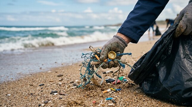 Person collecting plastic waste and debris from a sandy beach into a black garbage bag with ocean waves in the background