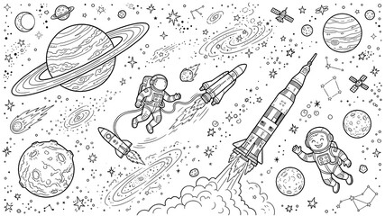 Hand drawn space doodle coloring page with astronauts and planets © Sanet