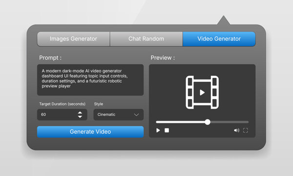 AI video generator interface popup mockup showing prompt box, player preview, and settings controls