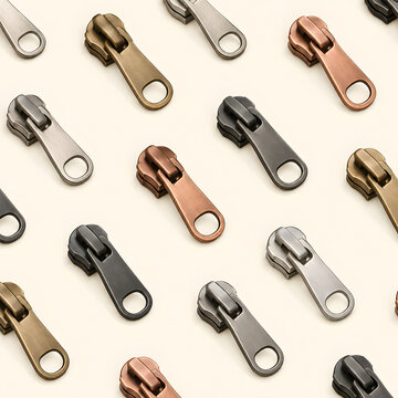 Seamless pattern of metallic zipper pull sliders in various metallic shades laid out neatly over a plain background for garment design and haberdashery themes.