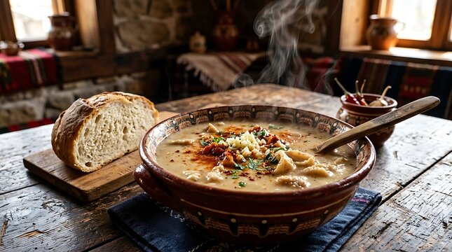 Bulgarian shkembe chorba soup with crusty bread on rustic wooden table