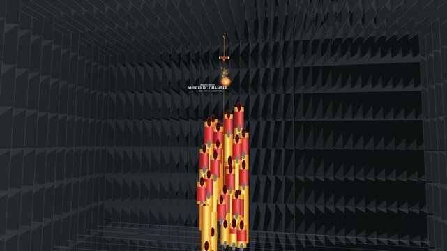3D animation of an explosion inside an anechoic chamber demonstrating sound wave dissipation and acoustic impedance matching as the sound is absorbed by foam wedges preventing reverberation