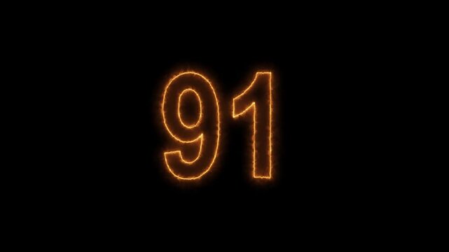 Glowing red neon number 91 text animation with bright glowing light effect on a black background, motion graphics loop