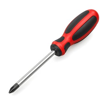 Clean three dimensional illustration of a screwdriver with a red and black handle and metallic shaft, isolated on white for maintenance, assembly, and repair concepts.