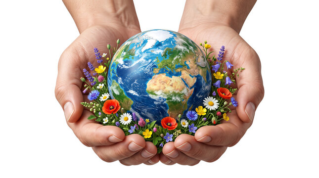 Global peace concept with hands holding planet earth, white doves flying with olive branches, world unity and environmental protection symbol