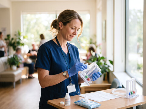 Nurse cleaning incentive spirometer breathing exercise device in modern clinic