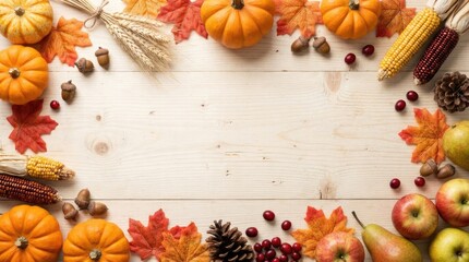 Fototapeta premium Autumn harvest frame with pumpkins, colorful maple leaves, acorns, wheat stalks, and fresh apples on a rustic light wooden background