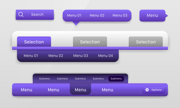 Purple navigation bar UI component set showing search bar popup submenus and tabbed menu elements