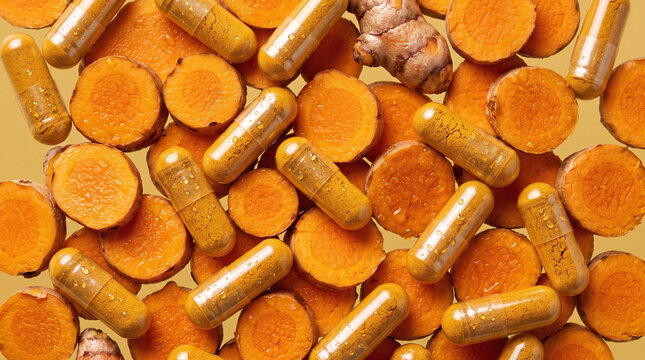 Fresh sliced turmeric root with herbal curcumin powder supplement capsules