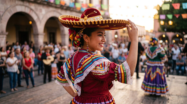 Mexican Folklorico dancer in traditional dress and sombrero performs outdoors
