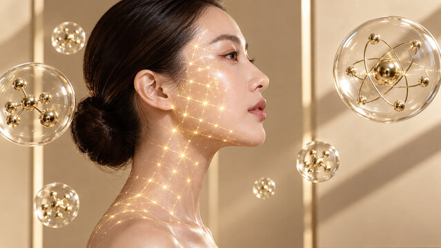 Profile of Asian woman with glowing skin matrix and floating golden molecules