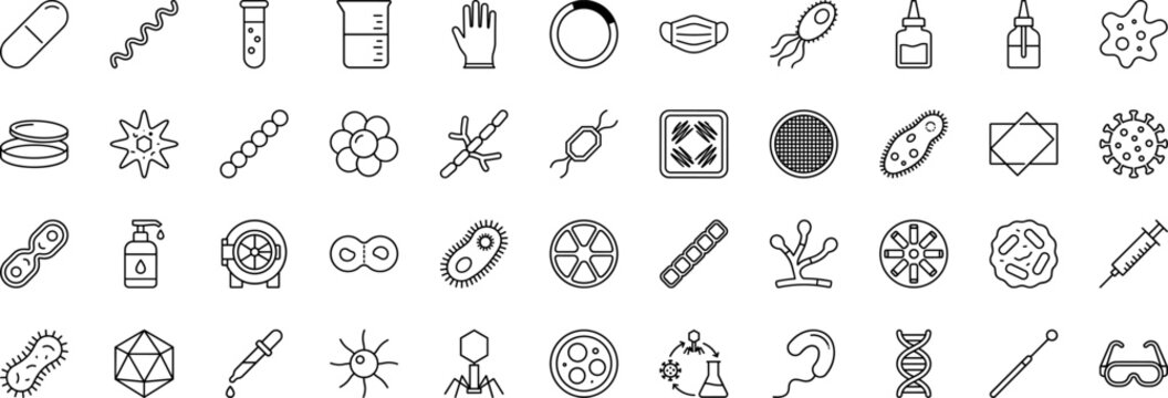 Microbiology line icon set. Vector pictograms of bacteria, virus, microbe, and pathogen elements, thin linear illustration.