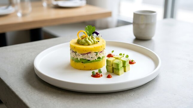 Causa rellena dish with avocado and herbs served on white porcelain plate in modern restaurant setting