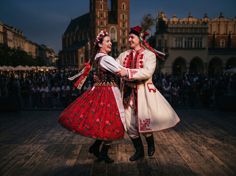 Polish couple in traditional folk costumes dancing at Krakow market square