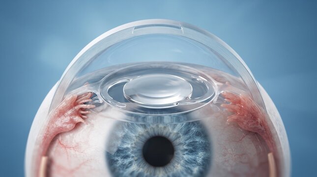 Detailed anatomical illustration of a human eye featuring a clear intraocular lens implant, showcasing advancements in vision correction technology.