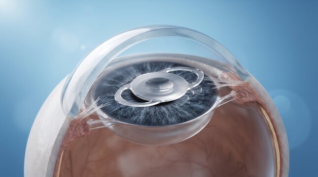 A detailed 3D render showcases a close-up view of the human eye's anatomy, highlighting an intraocular lens implant within the iris, with a bright, sterile background.