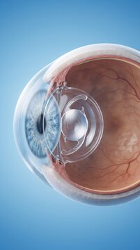 Detailed anatomical illustration of the human eye, showcasing a clear intraocular lens implant replacing the natural lens, highlighting ophthalmic surgery and vision correction.